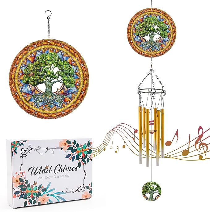 Wind Chimes with Tree of Life Wind Spinner, Gifts for Men, Women, Retirement, Teacher, Parents - Outdoor Hanging Decor Clearance for Garden, Patio, Backyard Or Porch