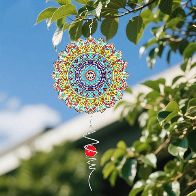 Wind Spinner Mandala Peacock, 12inch Stainless Steel Metal Wind Spinners Outdoor Hanging, 3D Wind Sculptures Kinetic Yard Art Decoration Garden Ornament Indoor Décor Gift for Women Men Holidays