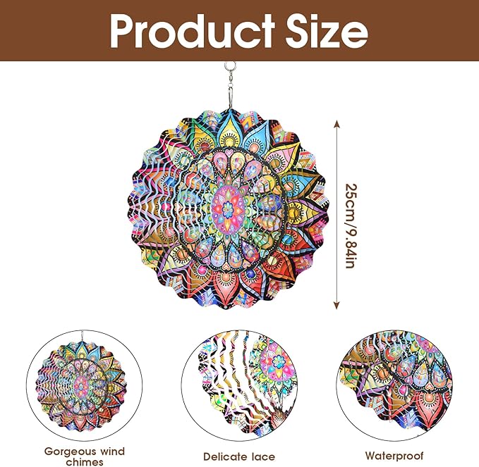 Yu Sen Kai Stainless Steel Wind Spinner, 9.84 Inch 3D Kinetic Hanging Sculpture, Multi Color Mandala Garden Art, Indoor Outdoor Decorative Ornament for Yard Patio Lawn