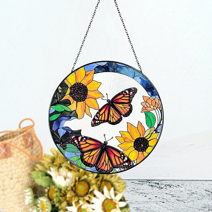 Large Monarch Butterflies and Sunflowers Stained Glass Suncatcher, Handmade Window Hanging Wall Art with Chain, Real Glass Indoor Home Decor, Unique Sun Catcher Gift for Women, Christmas, 11.8”
