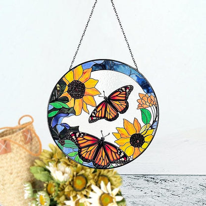 Large Monarch Butterflies and Sunflowers Stained Glass Suncatcher, Handmade Window Hanging Wall Art with Chain, Real Glass Indoor Home Decor, Unique Sun Catcher Gift for Women, Christmas, 11.8”
