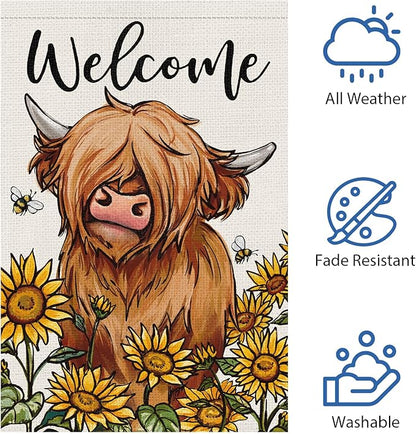 Heyfibro Welcome Spring Summer Highland Cow Garden Flag 12x18 Inch Double Sided Burlap, Farmhouse Sunflower Yard Flags for Seasonal Outside Outdoor Decoration (ONLY FLAG)