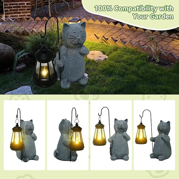 Solar Cat Garden Statues with LED Lights, Outdoor Decor for Patio Yard Balcony - Unique Housewarming Birthday Gifts for Women Mom Grandma
