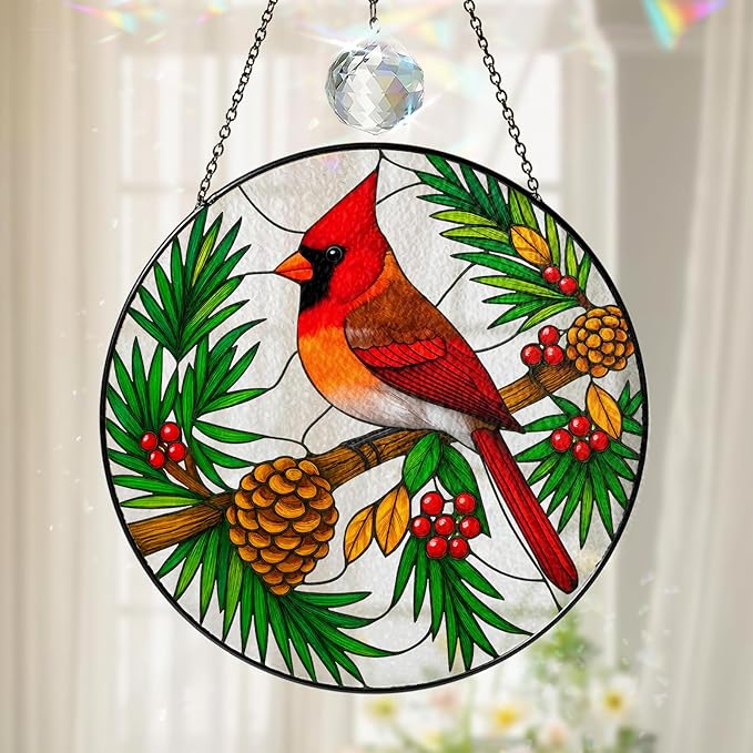 Red Cardinal Stained Glass Suncatcher, Red Bird Ornament for Window Hanging, Cardinal Decorations for Home and Bird Lovers, Sympathy and Remembrance Gift for Women, Mom, Grandpa