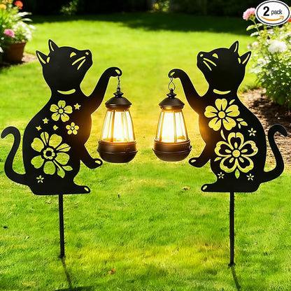 2 Pack Black Cat Solar Lights Set Metal Decorative Solar Cat Hanging Lights Outdoor Set Unisex Pet Gift Waterproof Garden Decor,Outdoor Ornament Perfect for Women' Birthdays, Mother's Day