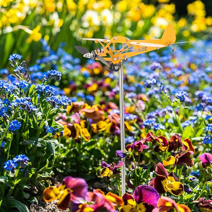 Metal Airplane Wind Spinner Outdoor Garden Decoration Yellow Small 28x18cm Iron Art Weather Vane Patio Yard Sculpture