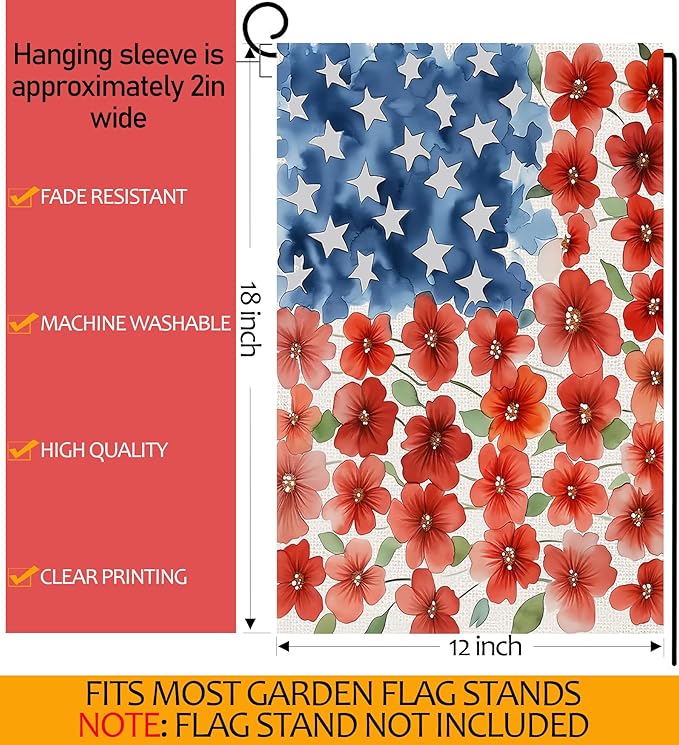 4th of July Patriotic Garden Flags 12x18 Inch Vertical Double Sided Outside, Memorial Day Independence Day Floral Yard Flag Decor, Holiday Outdoor Spring Summer Seasonal Decorations for Home