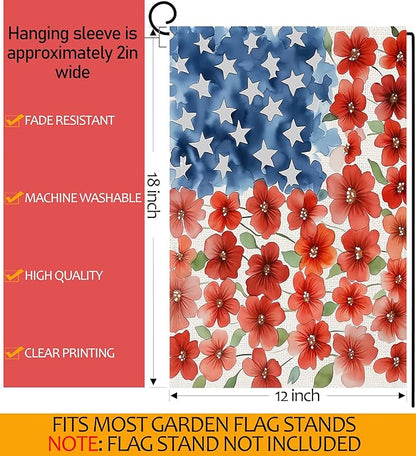 4th of July Patriotic Garden Flags 12x18 Inch Vertical Double Sided Outside, Memorial Day Independence Day Floral Yard Flag Decor, Holiday Outdoor Spring Summer Seasonal Decorations for Home