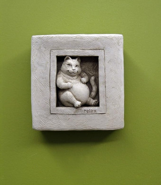 Carruth Studio, Purrfectly Relaxed Wall Plaque, Garden Statue, Original Sculpture Handcrafted in Stone, Artisan Made