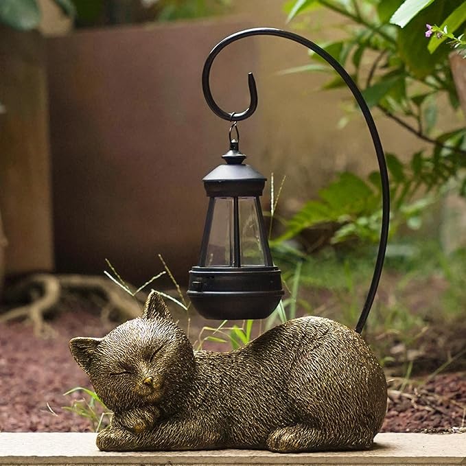 Solar Garden Statue with LED Lights - Cute Sleep Cat Sculpture, Waterproof Resin Ornament for Lawn, Patio, Yard, Balcony & Home Decor, Solar Powered Light for Outdoor and Indoor Spaces