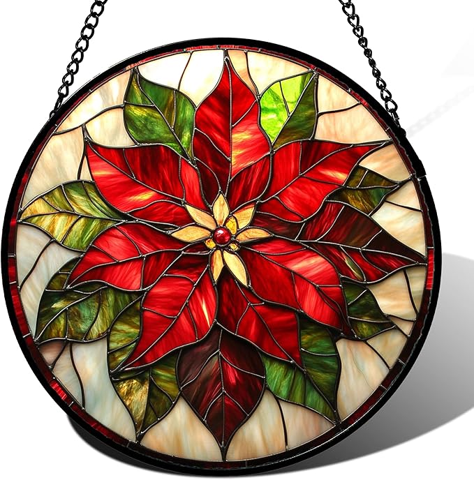 Stained Glass Window Hanging - Red Poinsettia Birth Flowers Suncatcher for Door Garden Yard Sun Catchers Decor Christmas Mother's Day Birthday Gifts for Women Mom Nana Teacher Friend 9.8 in