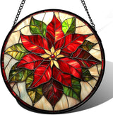 Stained Glass Window Hanging - Red Poinsettia Birth Flowers Suncatcher for Door Garden Yard Sun Catchers Decor Christmas Mother's Day Birthday Gifts for Women Mom Nana Teacher Friend 11.8 in