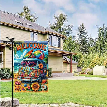 Summer Garden Flag 12x18 Inch Welcome Hippie Van Beach Surf Rainbow Peace Floral Design Outdoor Yard Porch Lawn Patio for Seasonal Coastal Boho Home Decor