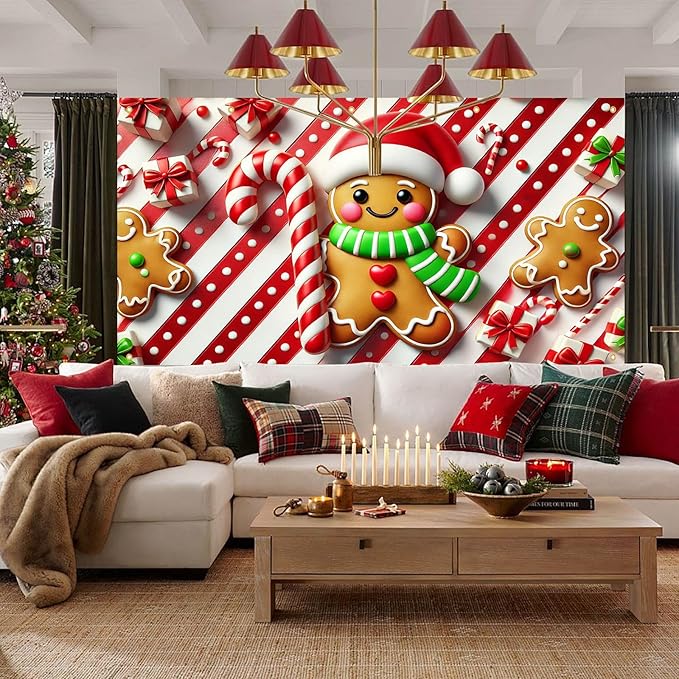 HOMETITUTE Christmas Garage Door Banner 13x6ft Gingerbread Man Candy Cane Theme Backdrop Banners for Outside Inside Winter Door Cover Garage Wall Covering for Party Garage Decorations