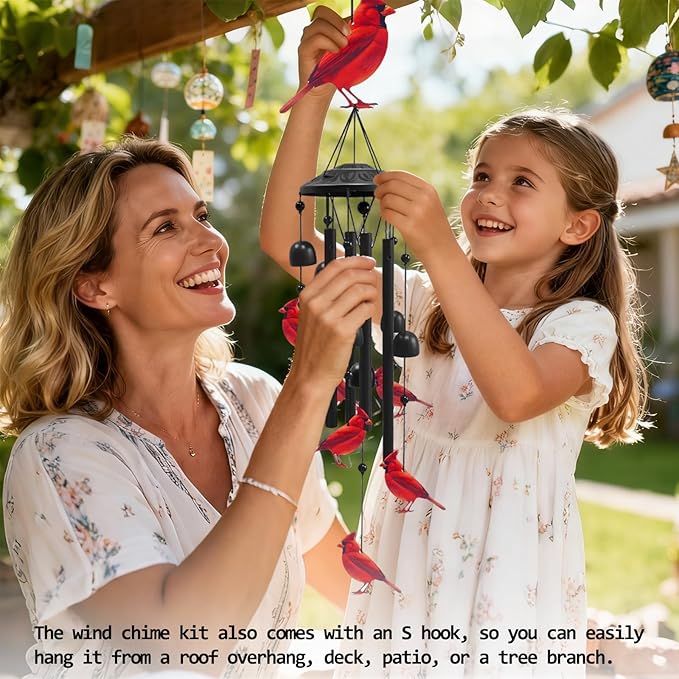 AVEKI Metal Cardinal Wind Chimes for Outside, Cardinal Gifts for Women Mother's Day Birthday Christmas, Black Wind Chime with 7 Cardinal Birds, Outdoor Windchimes Decor for Garden Patio (Red Cardinal)