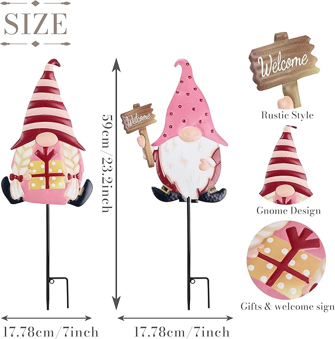 TERESA'S COLLECTIONS Valentines Decorations Outdoor for Home, 2Pcs Metal Gnomes Decor Garden Stakes, Valentine Yard Stakes Gifts for Her Him, Welcome Yard Signs for Outside Lawn Porch Patio, 23"