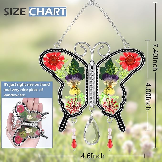 KY&BOSAM Suncatcher Butterfly Stained Glass Crystal Butterfly Suncatchers Ornament hangings for Windows Wind Chime with Pressed Flower Butterfly Embedded in Glass Mother`s Day Birthdays