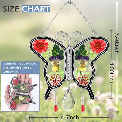 KY&BOSAM Suncatcher Butterfly Stained Glass Crystal Butterfly Suncatchers Ornament hangings for Windows Wind Chime with Pressed Flower Butterfly Embedded in Glass Mother`s Day Birthdays