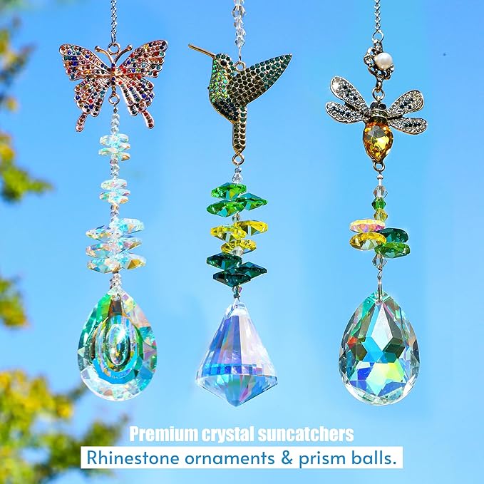 H&D HYALINE & DORA 3Pcs Crystal Suncatcher for Windows Hanging Prism Rhinestones Sun Catcher with Chain and Hook Rainbow Maker for Ceiling Garden Home Indoor Decor