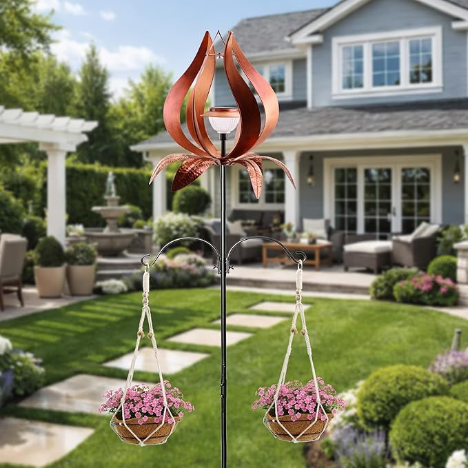 Multi-Functional Yard Wind Spinners with Solar Lights Outdoor Garden,YNGFIL Large Ornaments Outdoor with Double Shepherds Hooks and Coconut Fiber Liner Hanging Planters (83 in)