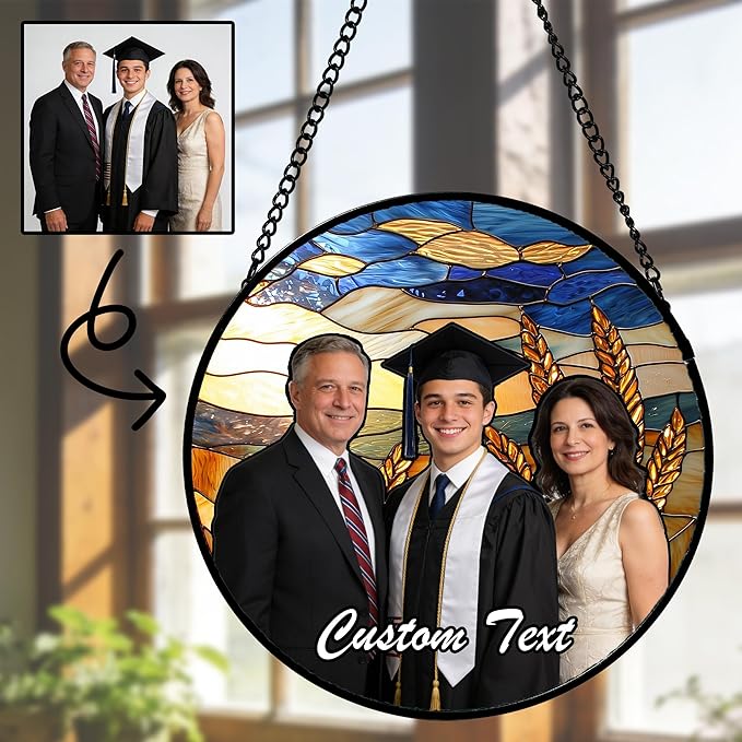 Personalized Custom Photo Boy Mom Stained Glass Window Hanging - Customized Ornaments Memorial Gifts Suncatchers Christmas Birthday Mother's Day for Lovers Women Men Dad Mom Grandma