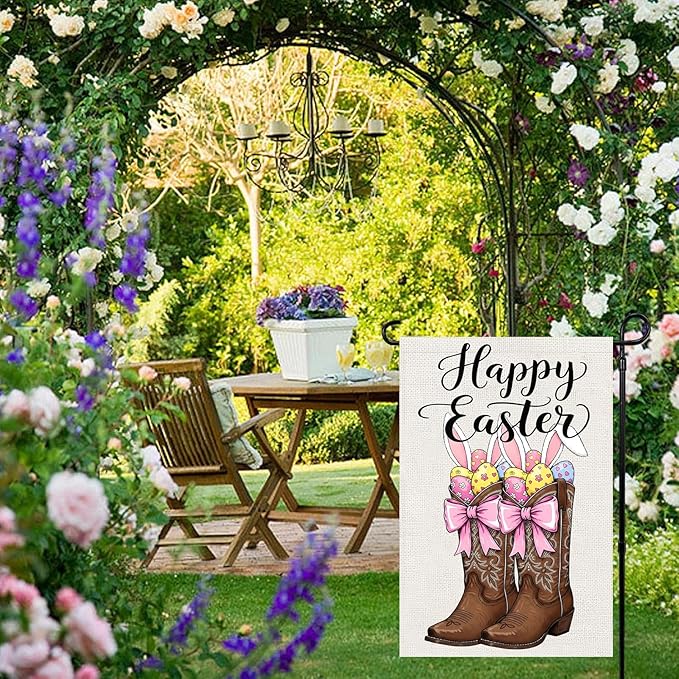 Happy Easter Garden Flags 12x18 Inch Vertical Double Sided Outside, Easter Eggs Bunny Boots Spring Yard Flag Decor, Holiday Outdoor Decorations for Home