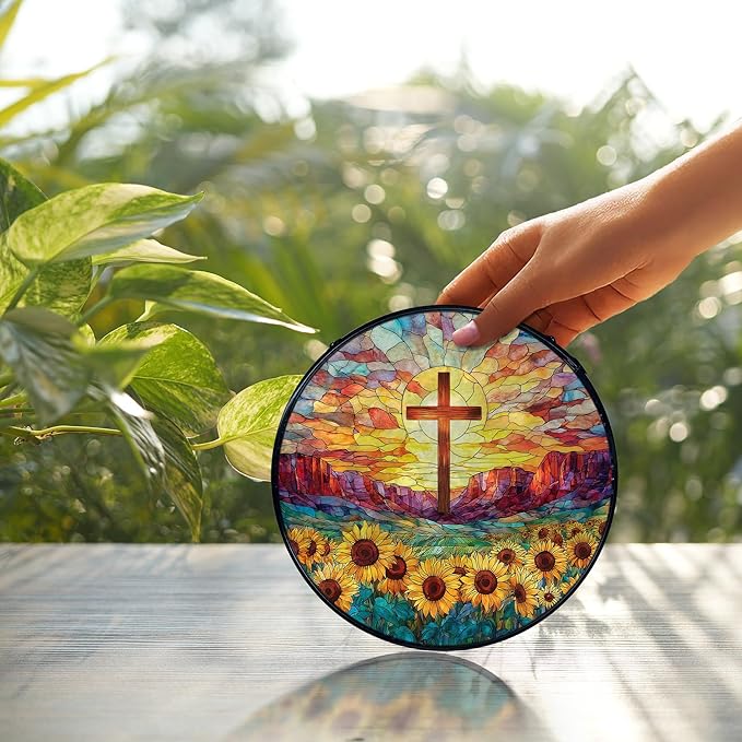 Christian Gifts for Women, Easter Christian Cross Sunflower Suncatcher Stained Glass Window Hanging, Cross Flower Sun Catchers Indoor Window Glass Wall Art Decor, 7.9x7.9 Inch