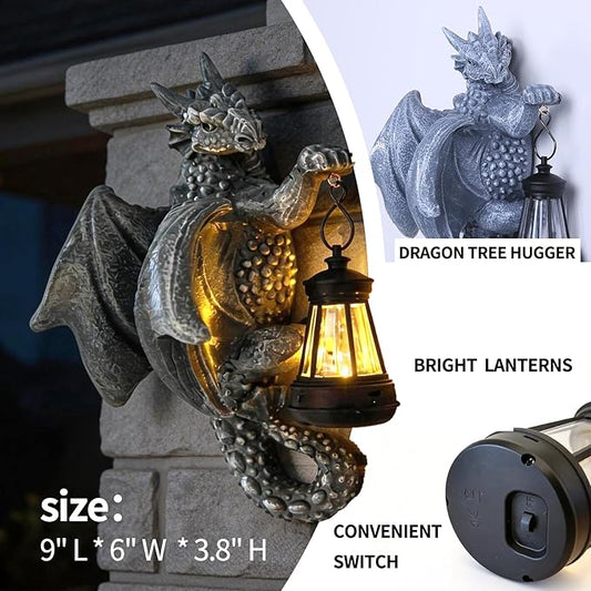 Solar Dragon Tree Hugger Garden Statue - 9.3" Resin Outdoor Statue with Solar Lights - Medieval Fantasy Yard Art, Unique Birthday Gifts for Mom, Women - Waterproof Patio Yard Decorations