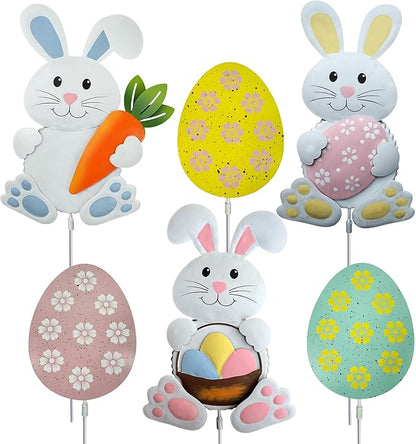Easter Garden Stakes Outdoor Decorations, 3D Sculptures, Metal Bunny & Egg Yard Art Set of 6, Durable Weather-Resistant Design, Spring Lawn Decorations for Yard Patio Porch,Rabbit Easter Outdoor Decor
