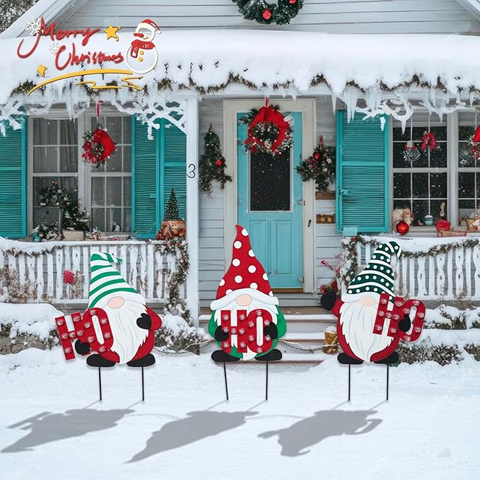 WONDER GARDEN 3 PCS Christmas Yard Signs Christmas Decorations Outdoor, Metal Xmas Yard Stakes Gnomes Lawn Decor, Xmas Garden Stakes with Led Lights for Patio Pathway Outside Decorations