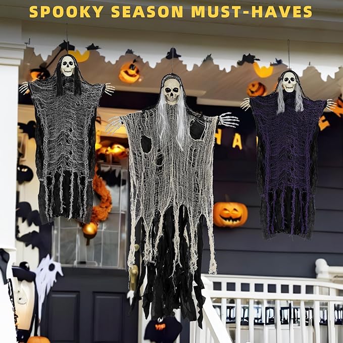 QPMR Halloween Decorations Outdoor/Indoor,Set of 3 Scary Hanging Ghosts,Halloween Grim Reaper Skeleton, Scary Party Decorations,Haunted House Decor for Yard/Lawn/Garden.