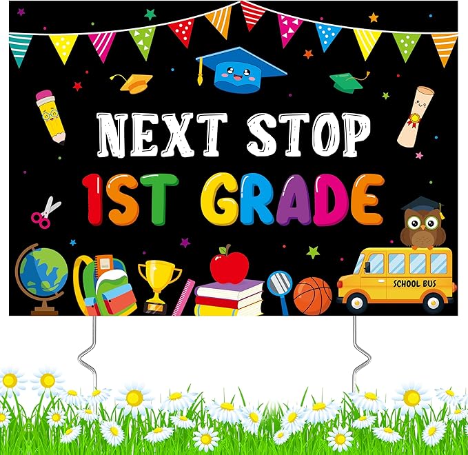 Class of 2026 Kindergarten Grad Yard Sign - Next Stop 1st Grade Graduate Lawn Sign with Stake Congrats Graduation Decorations Colorful Graduation Party Favors Supplies for Outdoor Photo Booth Props
