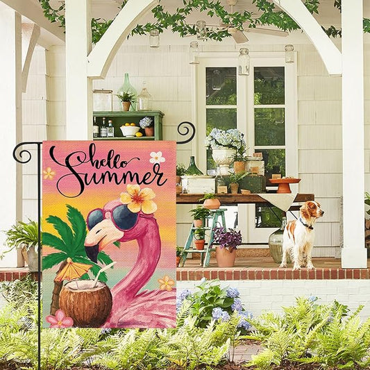 AVOIN colorlife Hello Summer Flamingo Garden Flag 12x18 Inch Double Sided Outside, Coastal Seasonal Yard Outdoor Flag