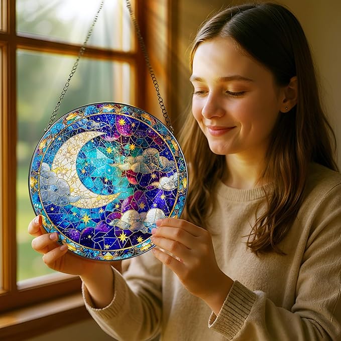 8-Inch Moon and Star Stained Glass Ornament, Stained Glass Window Hanging, Window Hanging Decor Suncatcher, Night Sky Ornament | Holiday, Mother’s Day, Housewarming | Gifts for Friend & Family