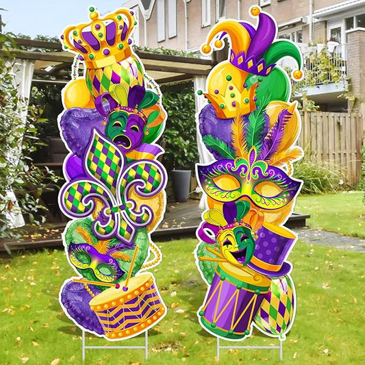 Beeveer 2 Pcs Mardi Gras Yard Sign with Stake Outdoor Carnival Lawn Decorations Waterproof Welcome Crown Carnival Decor Party Yard Signs for Festive Masquerade Home Garden Pathway Supplies