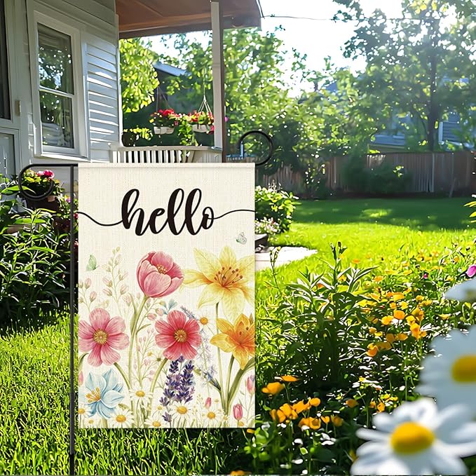 Spring Flowers Garden Flag for Outside,Hello Spring Garden Flag Yard Lawn Porch Flags for Outdoor Decorations 12x18 Inch Double Sided
