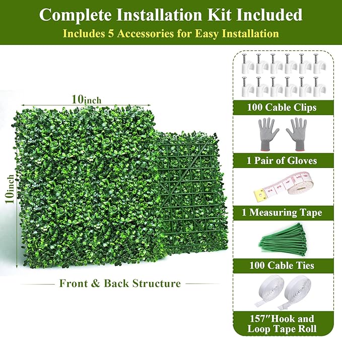 28Pcs Artificial Grass Wall Panels 10" x 10" Faux Boxwood Green Wall UV Resistant Privacy Screen 19.44 Sq Ft with Full Installation Kit for Indoor Outdoor Garden Fence Party Decor