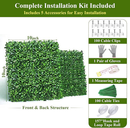 28Pcs Artificial Grass Wall Panels 10" x 10" Faux Boxwood Green Wall UV Resistant Privacy Screen 19.44 Sq Ft with Full Installation Kit for Indoor Outdoor Garden Fence Party Decor