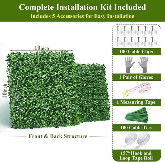 28Pcs Artificial Grass Wall Panels 10" x 10" Faux Boxwood Green Wall UV Resistant Privacy Screen 19.44 Sq Ft with Full Installation Kit for Indoor Outdoor Garden Fence Party Decor