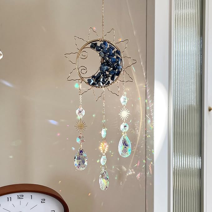 Sun & Crescent Crystal Suncatcher, Crystal Hanging Prism, Rainbow Makers, Housewarming Gift, Garden Decoration, Window Ornament (Blue)
