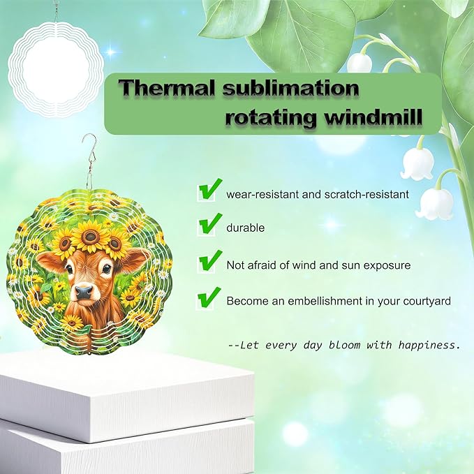 10x10 Inch Wind Spinner Outdoor Hanging Cute Calf Sunflower Daisy Meadow Metal Kinetic Spiral Ornament for Yard Garden Patio Porch Balcony Tree Window Decor Gift