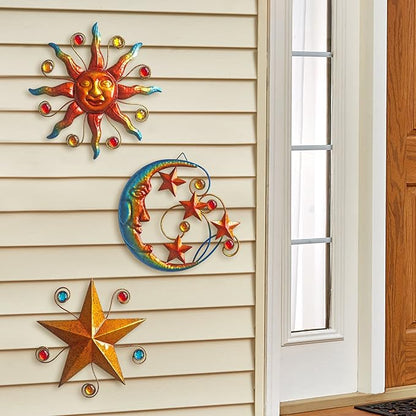 VividLadybug Celestial Wall Decoration Sculpture, Metal Wall Sculpture, Silhouette Wall Decoration, Metal Sun Moon Star Wall Art Sculpture Decoration, Set of 3