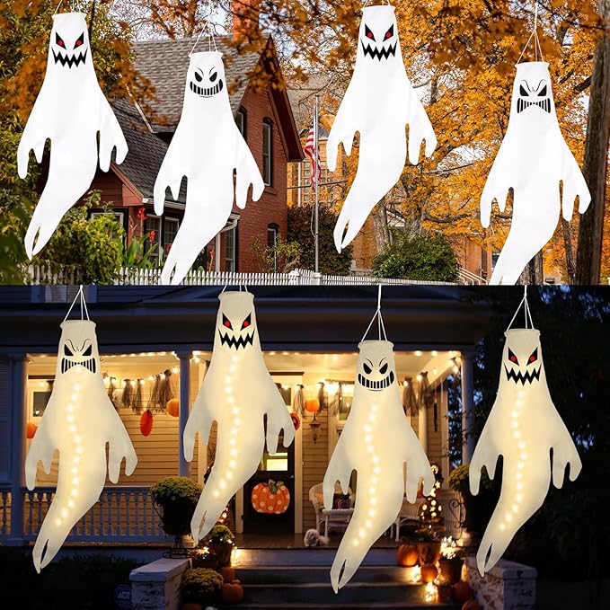 Geefuun 4PCS Warm Light Halloween Fierce Ghost Windsocks Hanging Decorations - 43 Inch Flag Wind Socks for Home Yard Outdoor Decor Party Supplies (Batteries Not Included,No Timer)