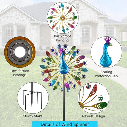 65 Inch Colorful Peacock Wind Spinner Outdoor, Two-Sided Windmill for Yard with Vibrant Front & Solid Blue Back, Large Metal Garden Wind Spinners and Statement Outdoor Garden Decor