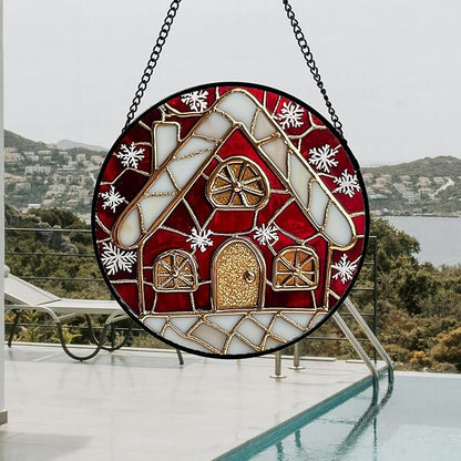DASTOLL Stained Glass Window Hanging 4 Pcs Set Red Christmas Themed Decorations Large 11.8" - Suncatcher Door Garden Sun Catcher Decor Birthday New Year for Mom Woman Nana Men