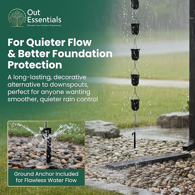 Black Rain Chain 9 FT, 11 FT Installed with Anchor Stake and Gutter Adapter, Durable Heavy Duty Rain Chains for Gutters for Heavy Rain, Rust Resistant, Outdoor Decor for Homeowners