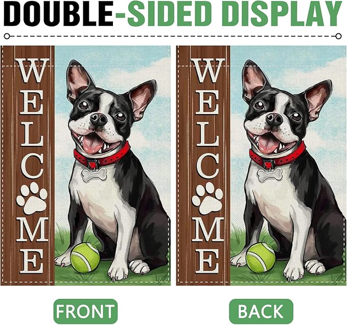 Dyrenson Welcome Boston Terrier Dog 28 x 40 House Flag Double Sided, Spring Summer Paw Prints Tennis Garden Yard Decoration Pet Owner Lover Gift, Farmhouse Burlap Outdoor Decor Decorative Large Flag