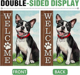 Dyrenson Welcome Boston Terrier Dog 28 x 40 House Flag Double Sided, Spring Summer Paw Prints Tennis Garden Yard Decoration Pet Owner Lover Gift, Farmhouse Burlap Outdoor Decor Decorative Large Flag