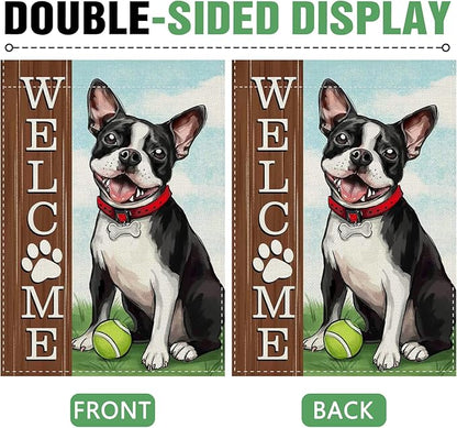 Dyrenson Welcome Boston Terrier Dog 28 x 40 House Flag Double Sided, Spring Summer Paw Prints Tennis Garden Yard Decoration Pet Owner Lover Gift, Farmhouse Burlap Outdoor Decor Decorative Large Flag