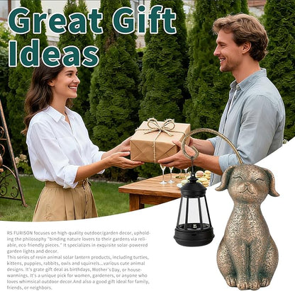 Solar Garden Decor Dog Statues with Lantern,Waterproof Resin Solar Outdoor Statue Decoration for Yard, Lawn, Flower Bed, Backyard, Front Yard, Patio, Balcony – Gift for Dog Lovers